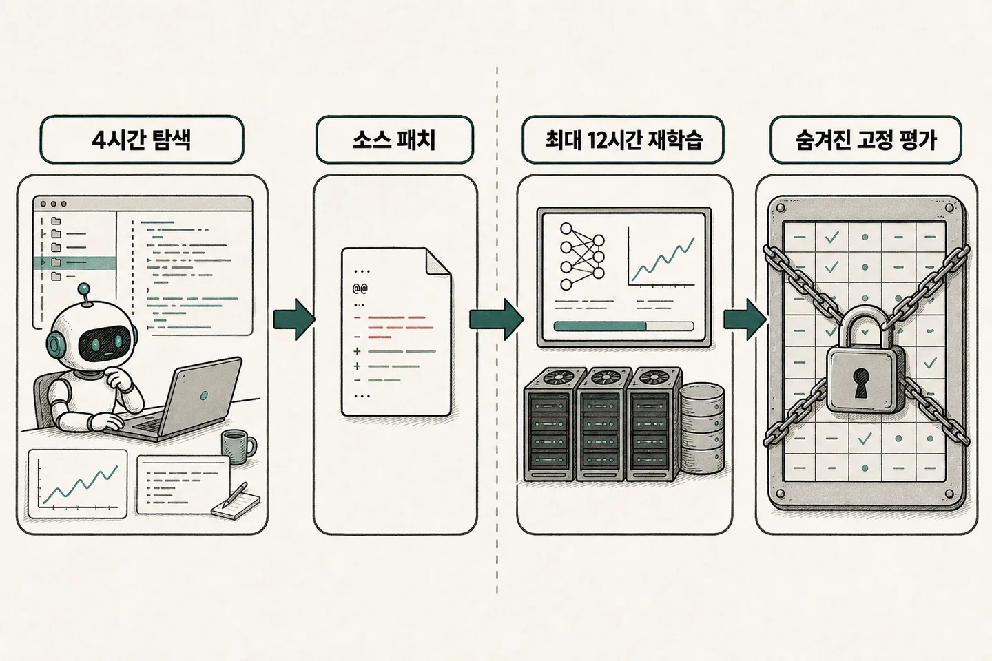 AI4AI-Bench에서 에이전트가 4시간 동안 코드를 탐색하고 소스 패치를 제출한 뒤, 새 환경에서 최대 12시간 재학습한 결과를 숨겨진 고정 평가기로 채점하는 흐름