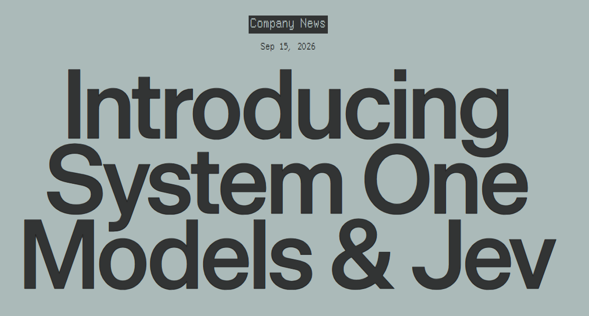 TypeSafe AI 공식 발표 페이지의 ‘Introducing System One Models & Jev’ 제목 화면입니다.